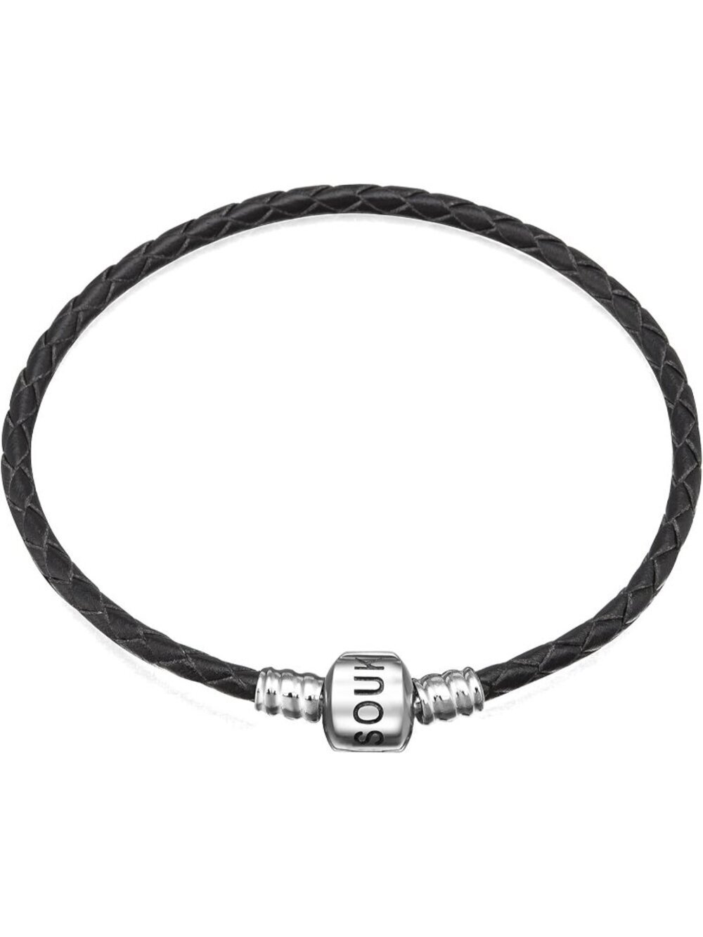 Women's Black Leather Sterling Silver Barrel Snap Clasp Bead Bracelet